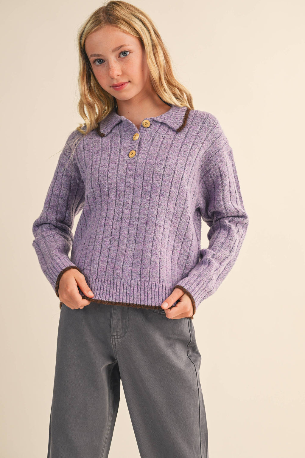 TWEEN KIDS GIRLS Polo Style COLLAR Piping SWEATER (7-14)