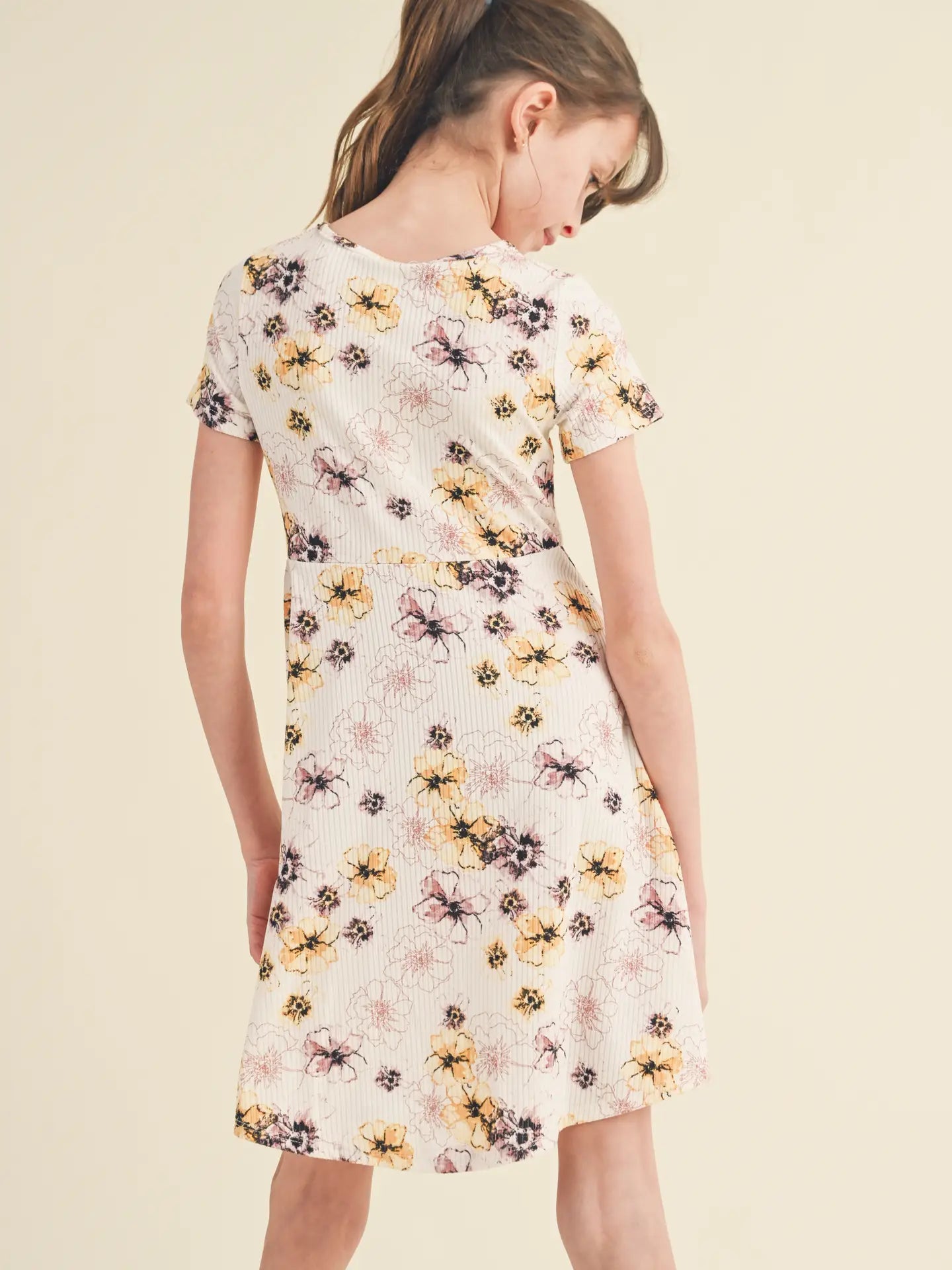 Floral Short Sleeve Cinch Knit Dress Lilac Yellow