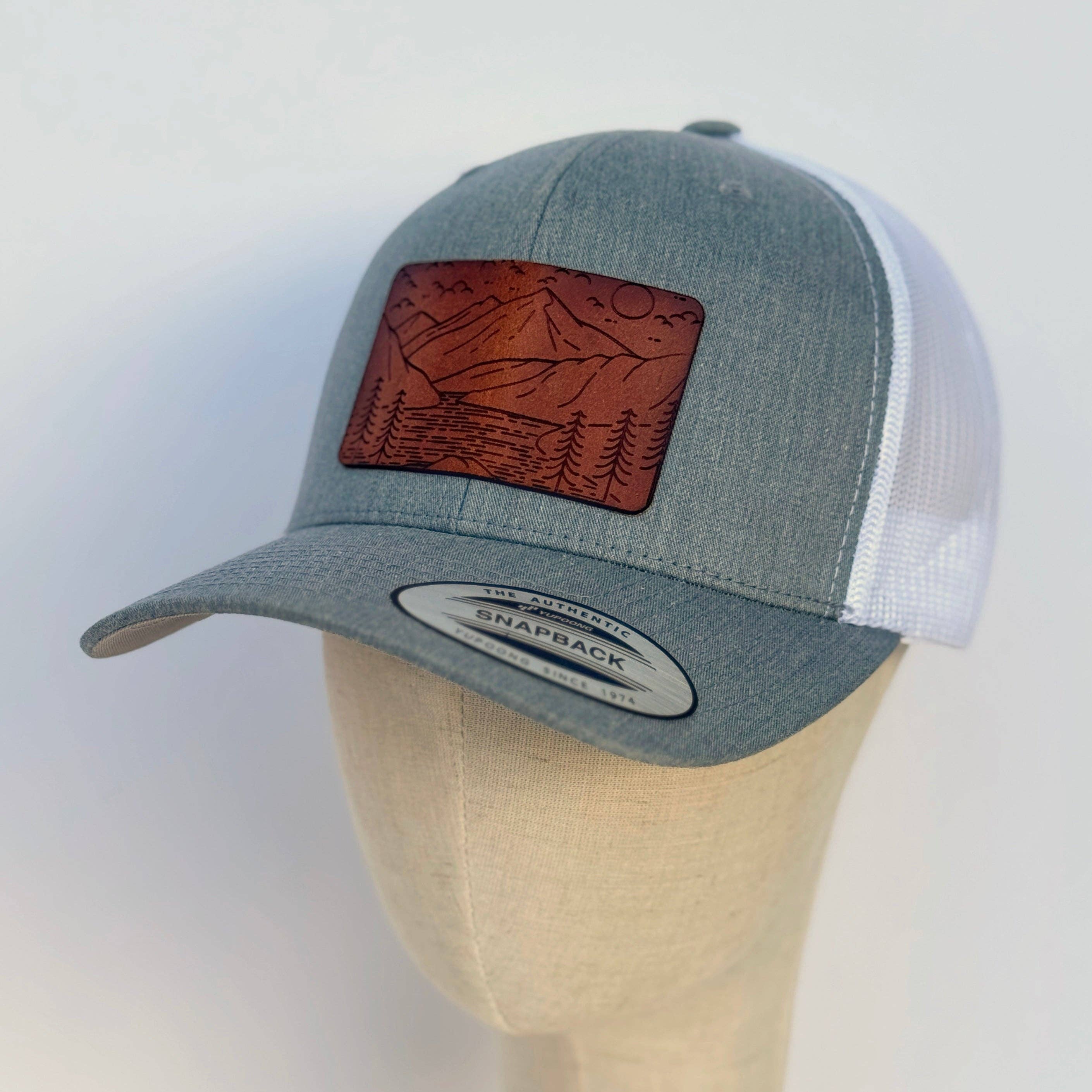 Rivers & Ridges | mountain scape leather patch hat gray white curved trucker