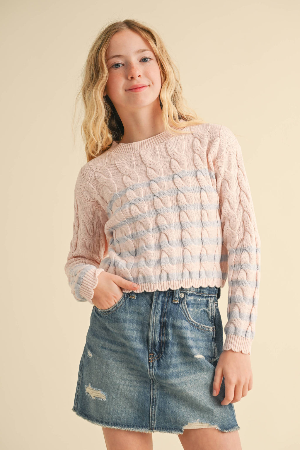 TWEEN GIRLS KIDS CABLE KNIT BOXY CROPPED PULLOVER (7/14)