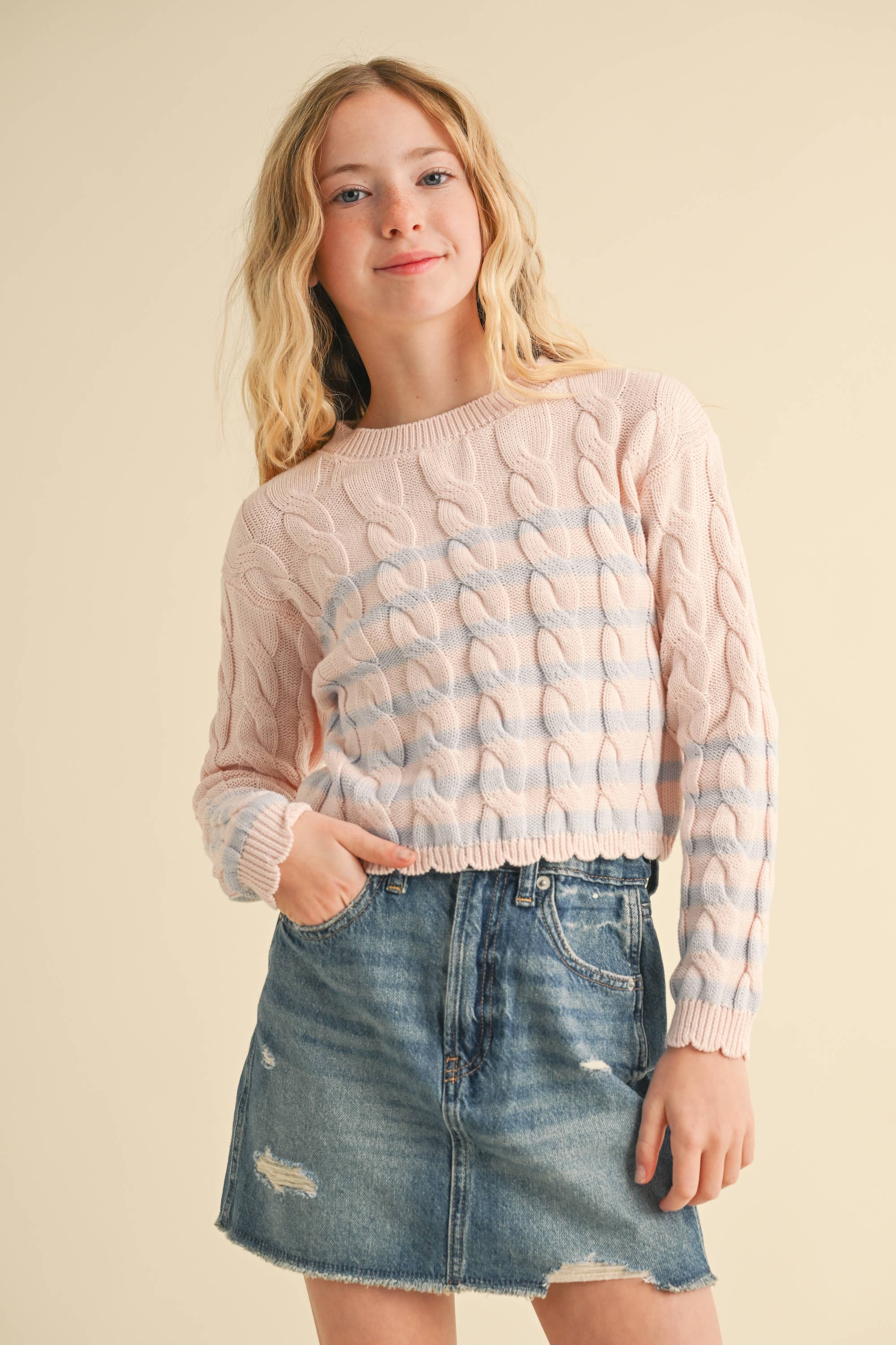 TWEEN GIRLS KIDS CABLE KNIT BOXY CROPPED PULLOVER (7/14)
