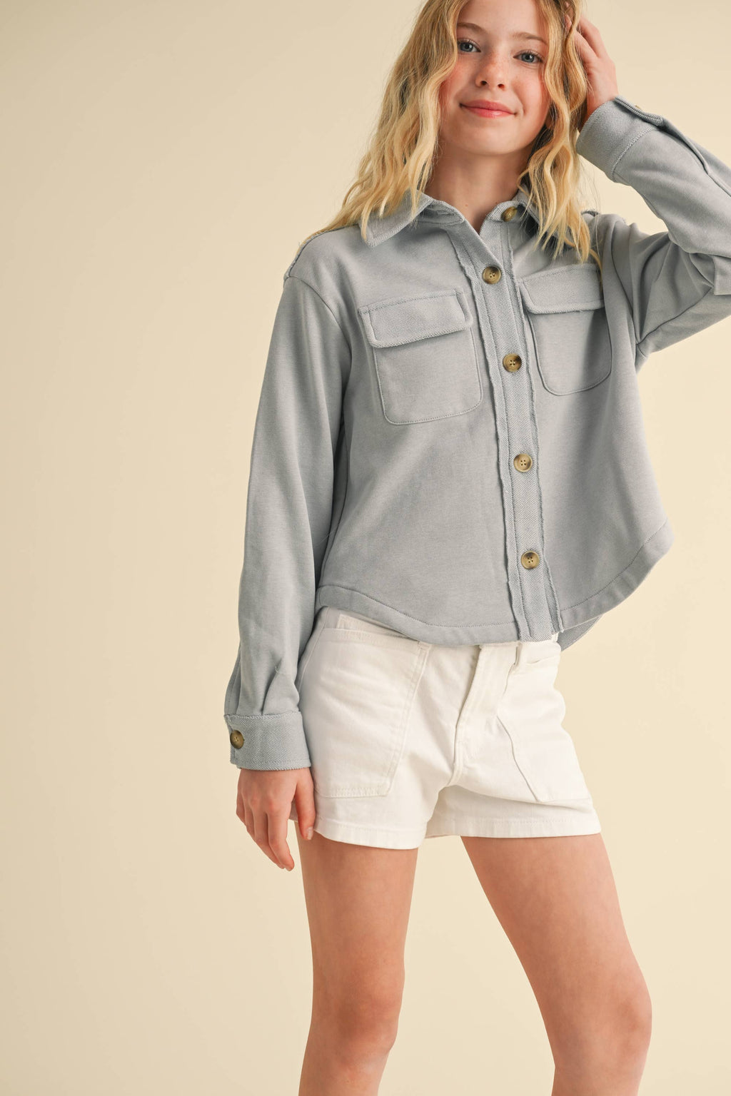 DOUBLE POCKET CROPPED SOFT SHACKET (7-14)