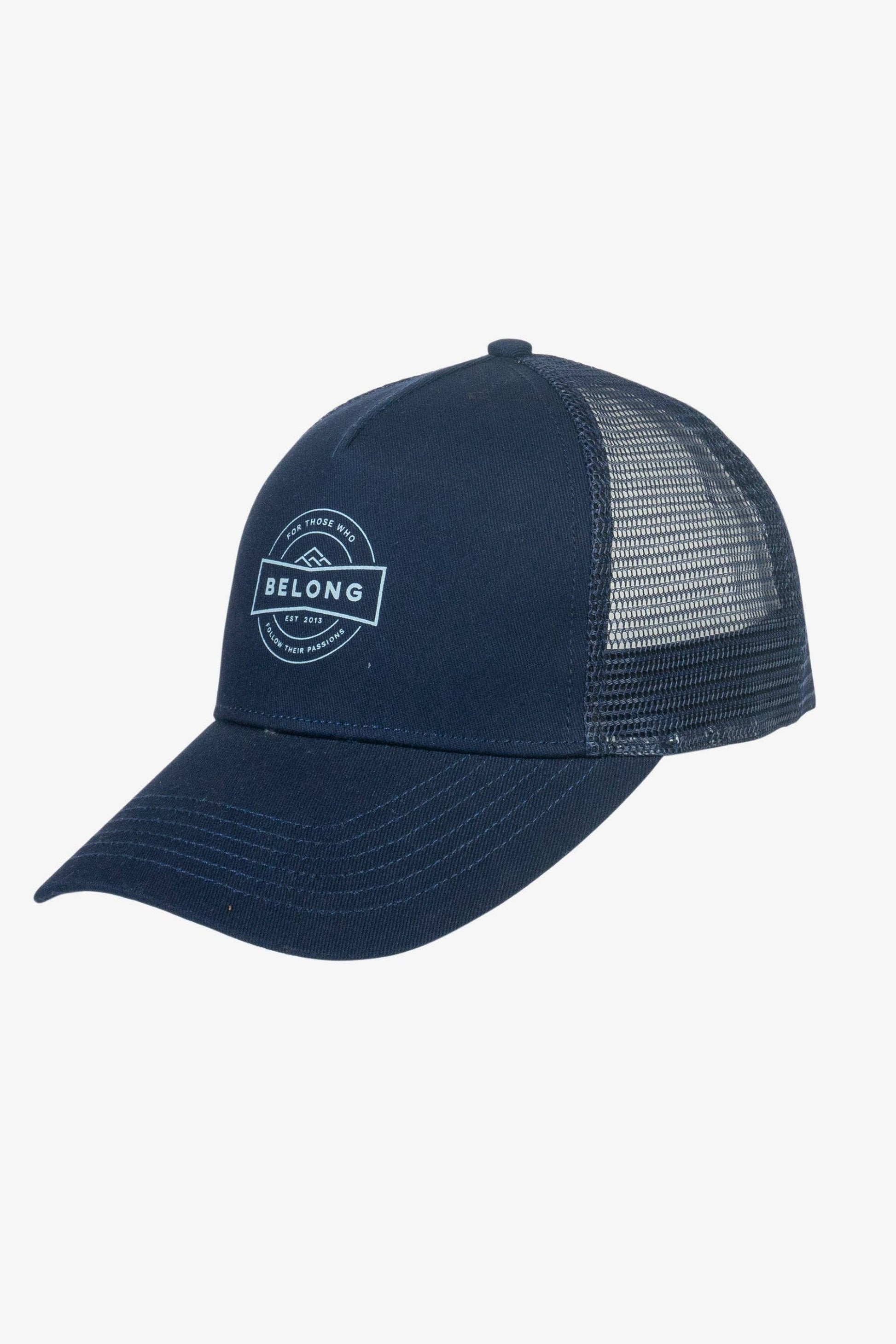 The Every Trail Trucker Hat by Belong Designs is a Black Mountain Brush trucker hat with a curved brim. The front panel showcases a vibrant wavy line design in shades of red, yellow, blue, and white with "BELONG" emblazoned prominently. The back and sides are made of breathable white mesh for added comfort.