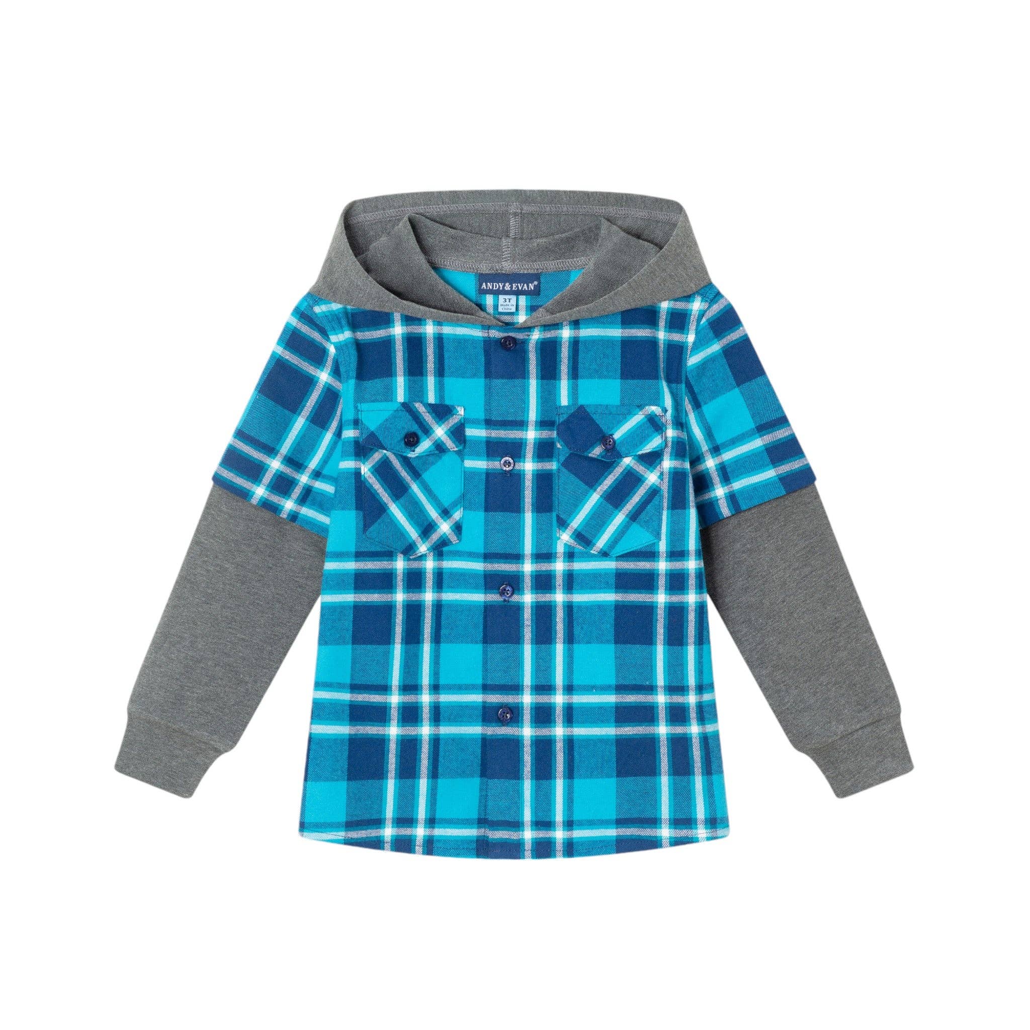 Kids Plaid Flannel Terry Twofer Hoodie Aqua Plaid