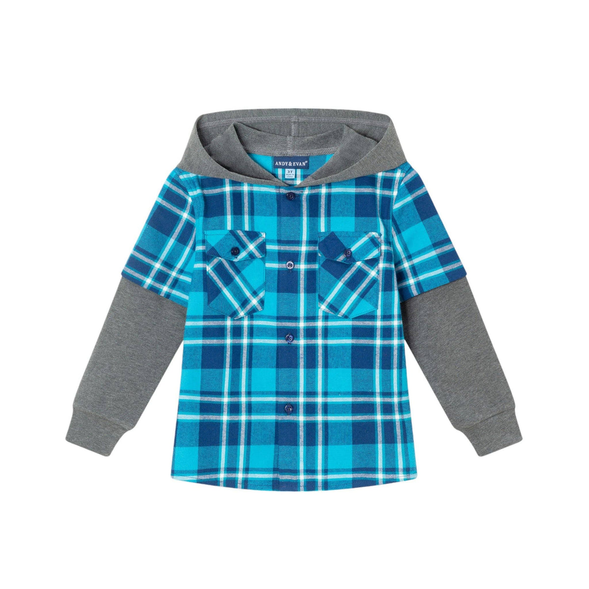 Andy & Evan Kids Plaid Flannel Terry Twofer Hoodie Aqua Plaid