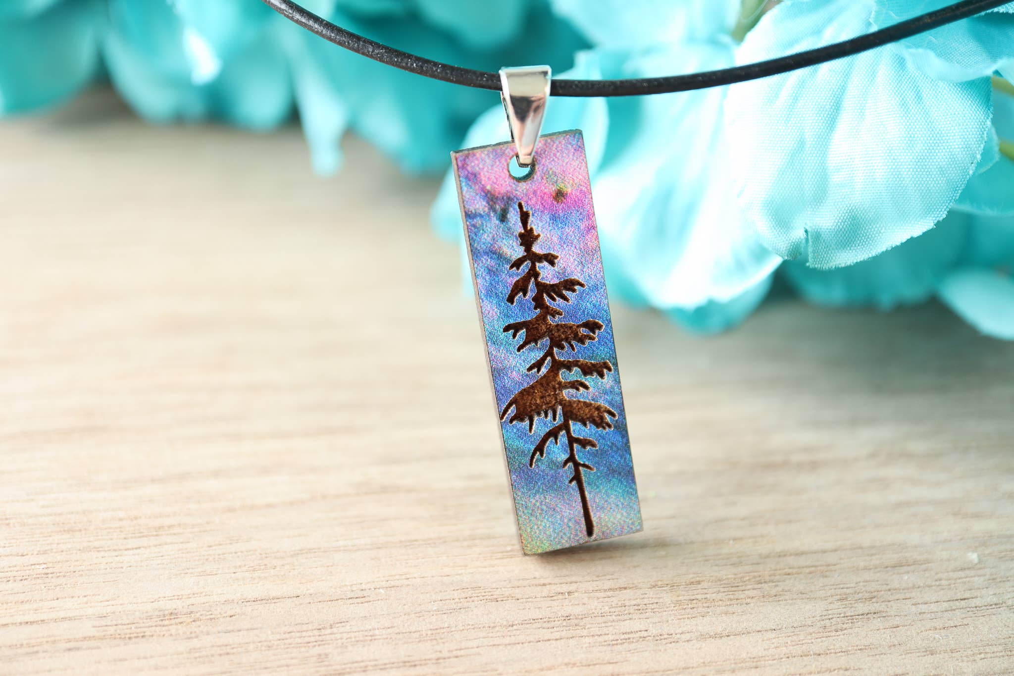 Aurora Pine Tree Engraved Pendant Necklace Wood
