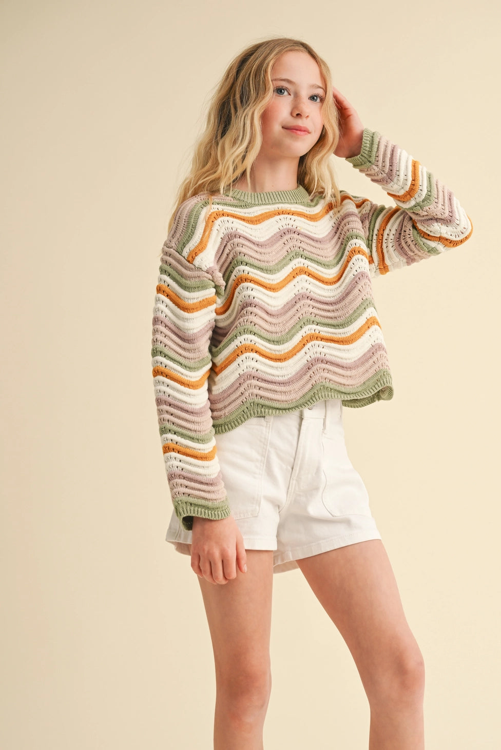 Tween Girls Kids Crew Neck Wavy Rib Knit Pull Over