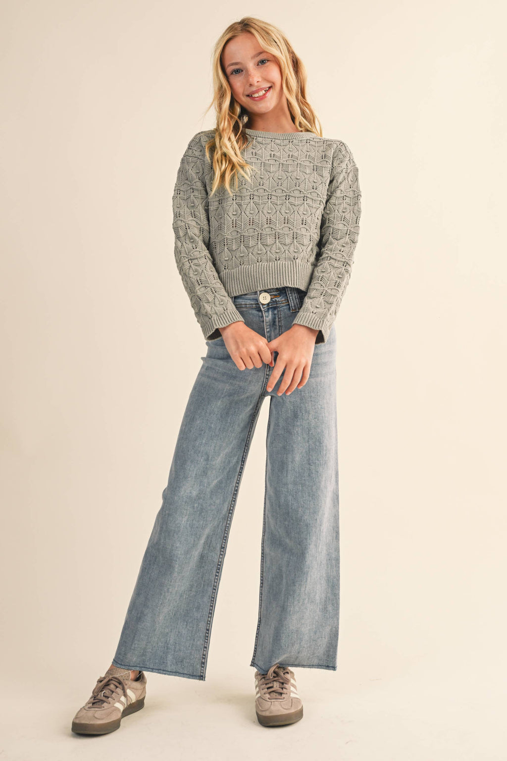 TWEEN GIRLS KIDS CREW NECK WAVY POINTELLE L/S SWEATER (7-14)