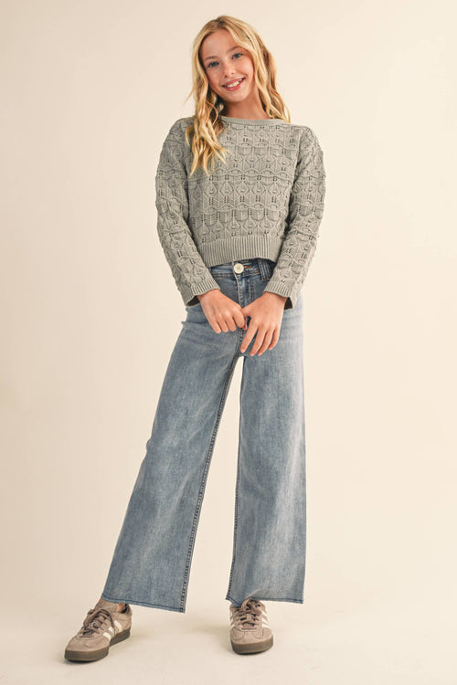TWEEN GIRLS KIDS CREW NECK WAVY POINTELLE L/S SWEATER (7-14)