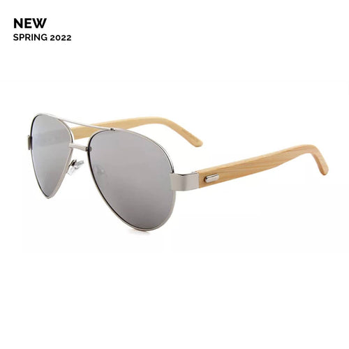 Real Bamboo Wood Silver Framed Classic Aviators by WUDN