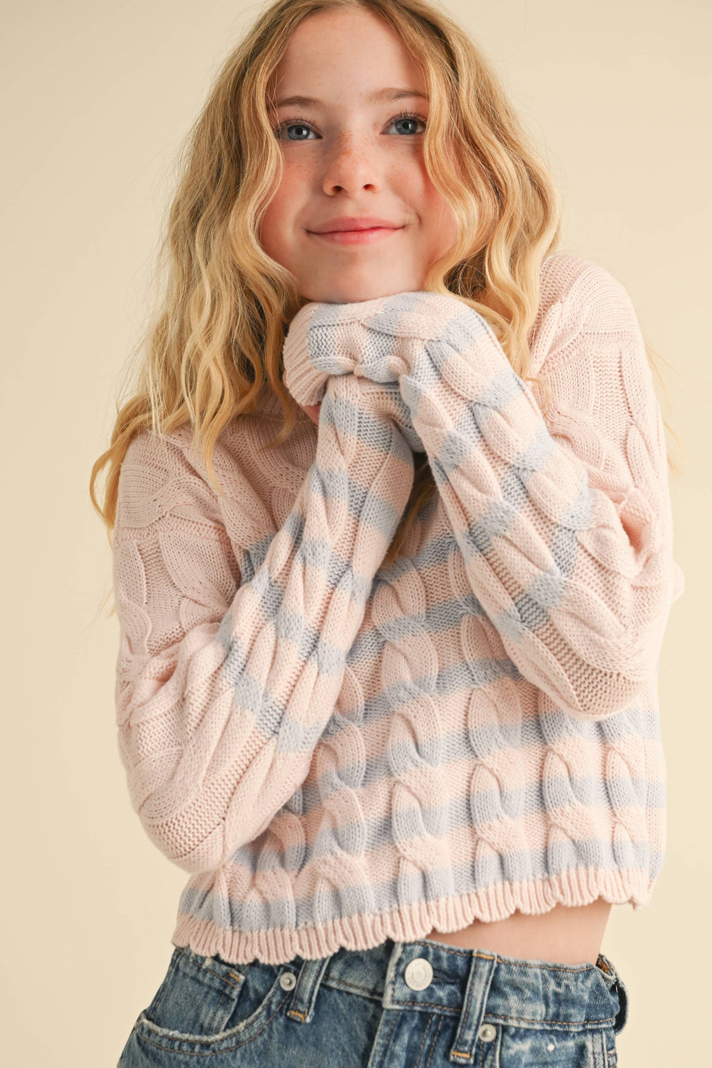 TWEEN GIRLS KIDS CABLE KNIT BOXY CROPPED PULLOVER (7/14)