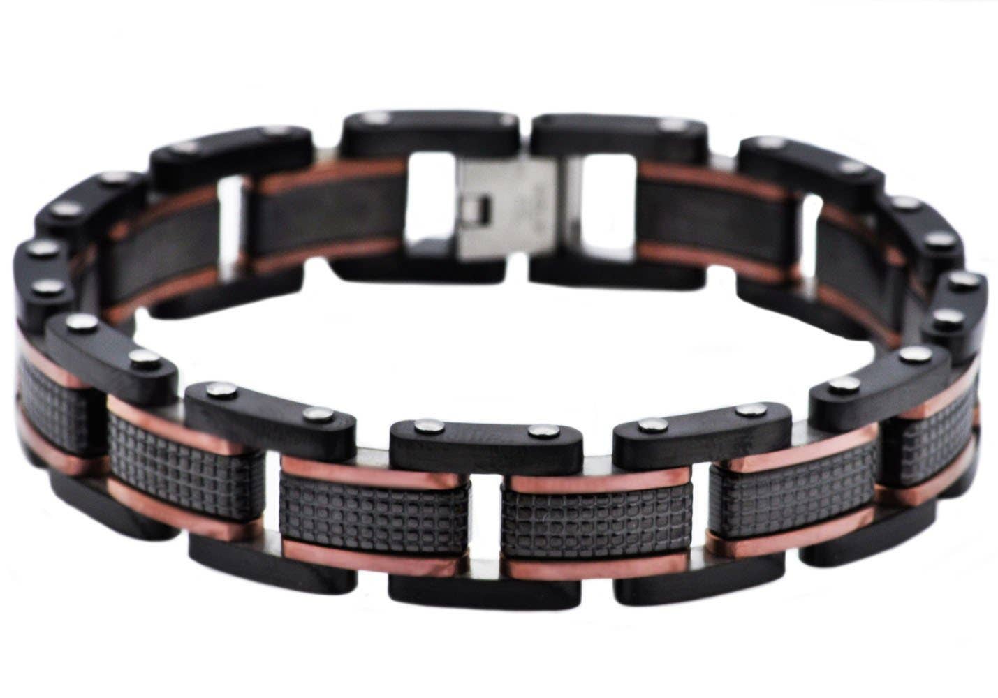Men's Black Plated Textured Stainless Steel Bracelet With Chcoloate Plated Lines