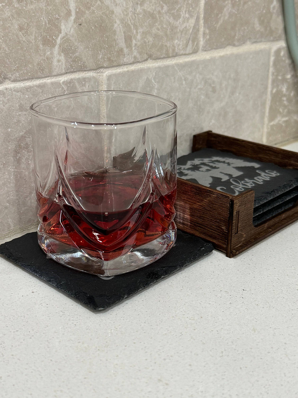 Set Of 4 Slate Coasters With Wood Stand - Bear Motif