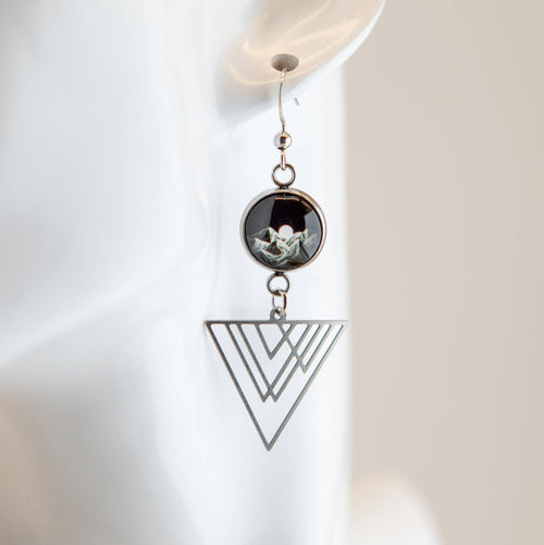 Stainless Steel and Glass Earrings Long Mountain Moonrise