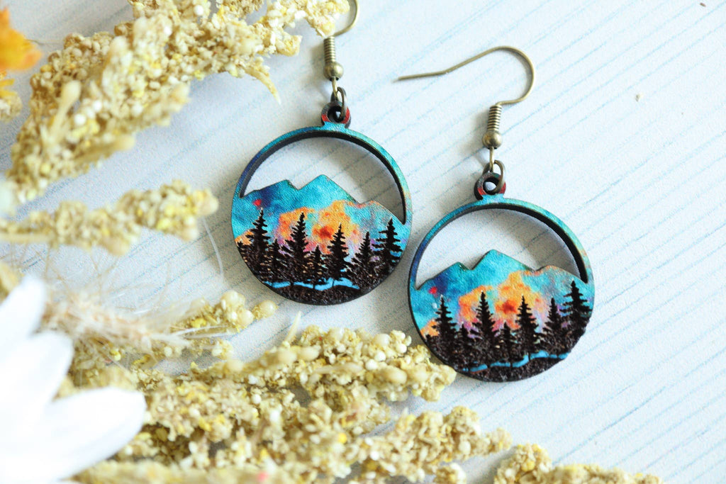 Ember Sunset Mountain Wood Dangle Earrings