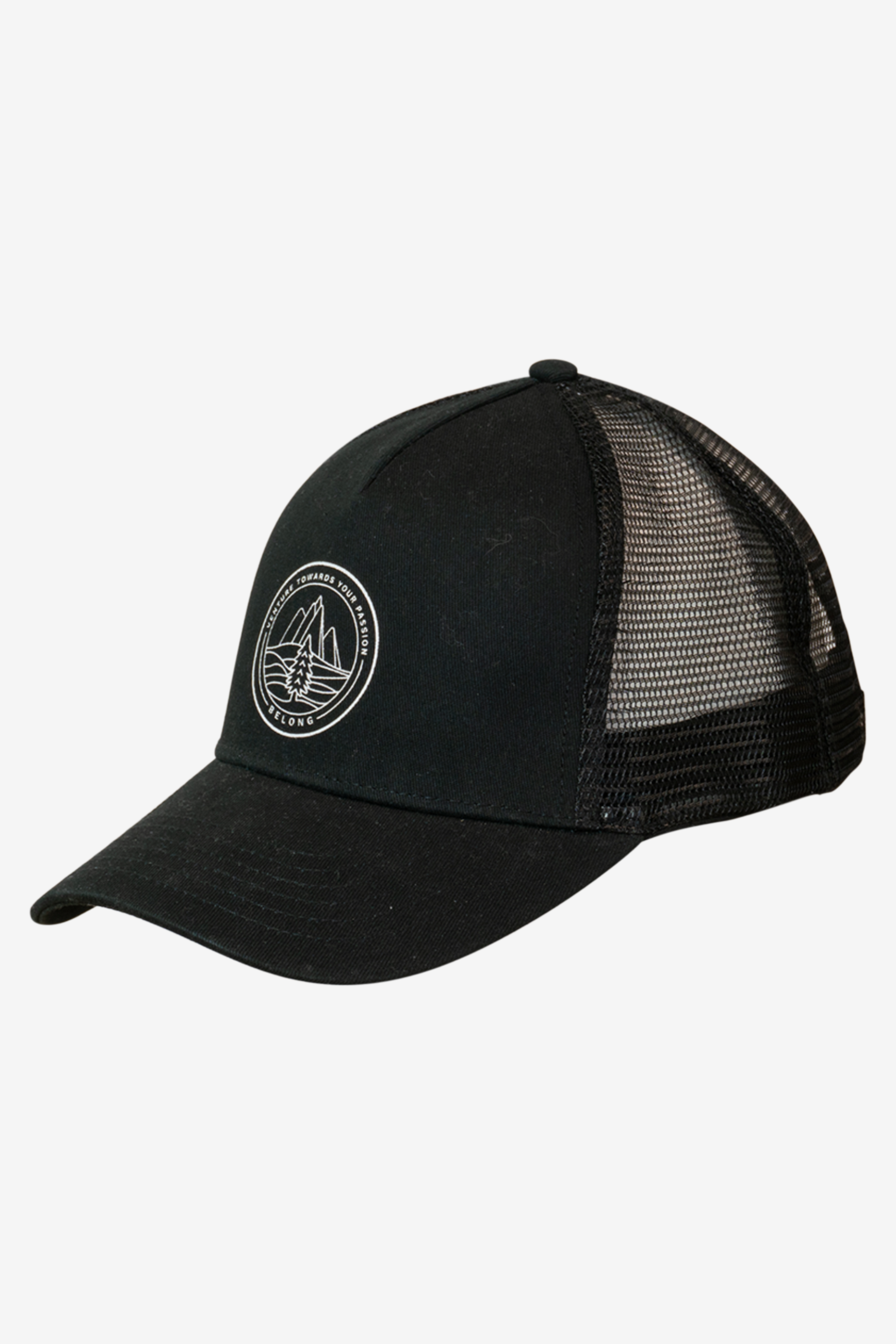 The Every Trail Trucker Hat by Belong Designs is a Black Mountain Brush trucker hat with a curved brim. The front panel showcases a vibrant wavy line design in shades of red, yellow, blue, and white with "BELONG" emblazoned prominently. The back and sides are made of breathable white mesh for added comfort.
