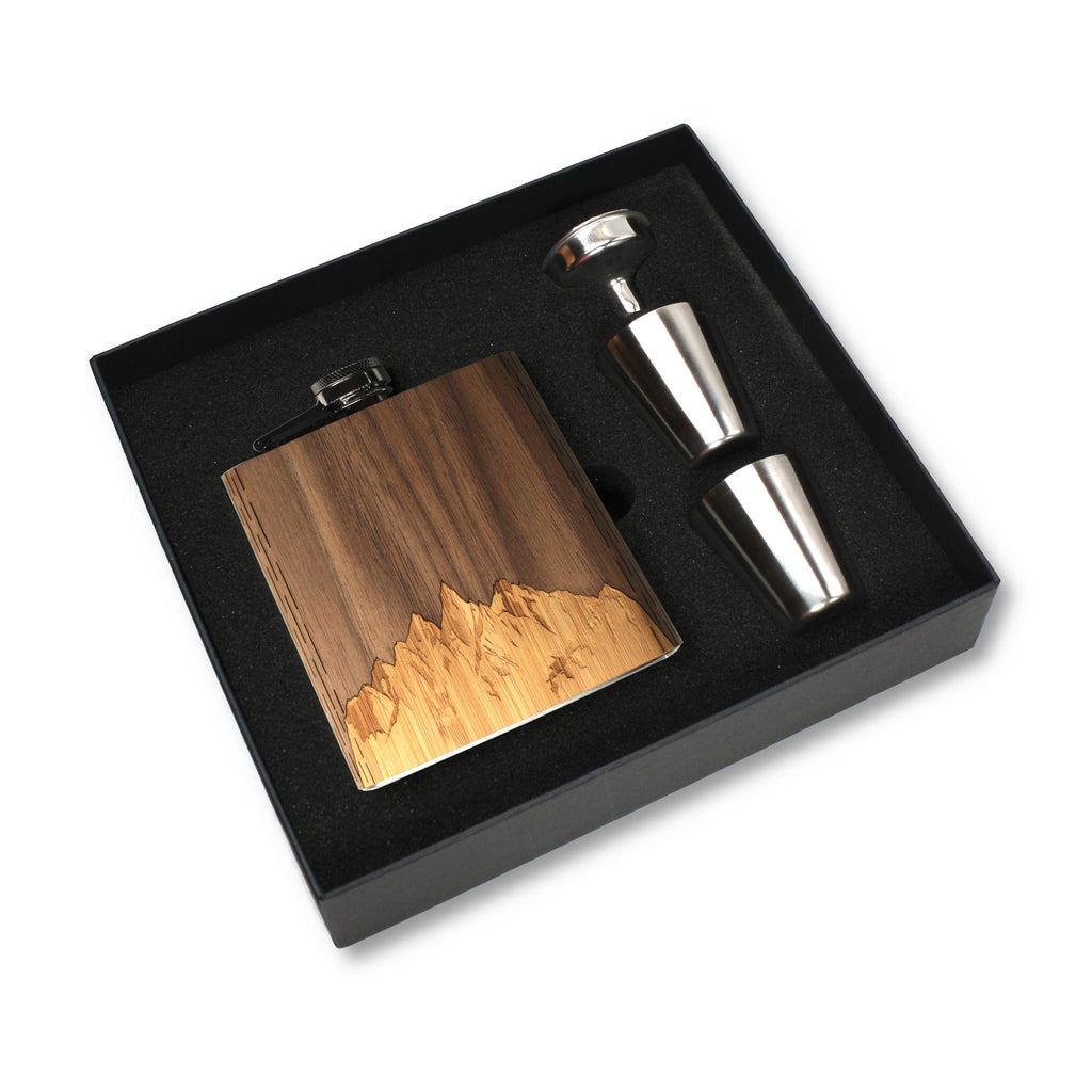 6 oz. Wooden Hip Flask & Gift Box with Shotglasses & Funnel Sawtooth Mountains Walnut Sky
