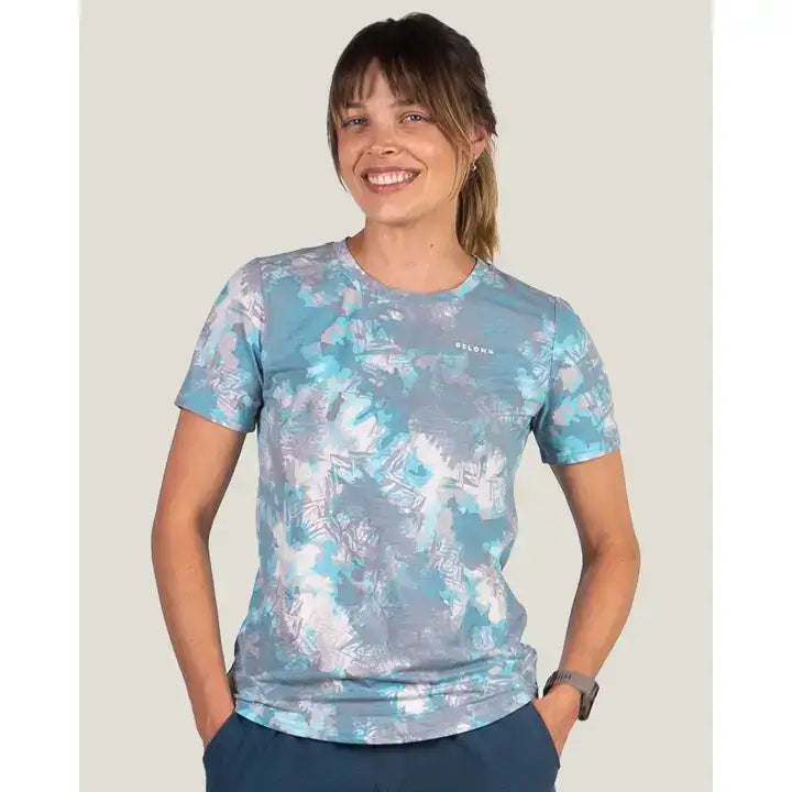 Belong Designs Women's Graphic Traverse Tek Tee Aqua Woodland Splash