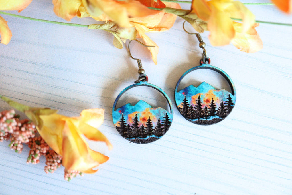 Ember Sunset Mountain Wood Dangle Earrings