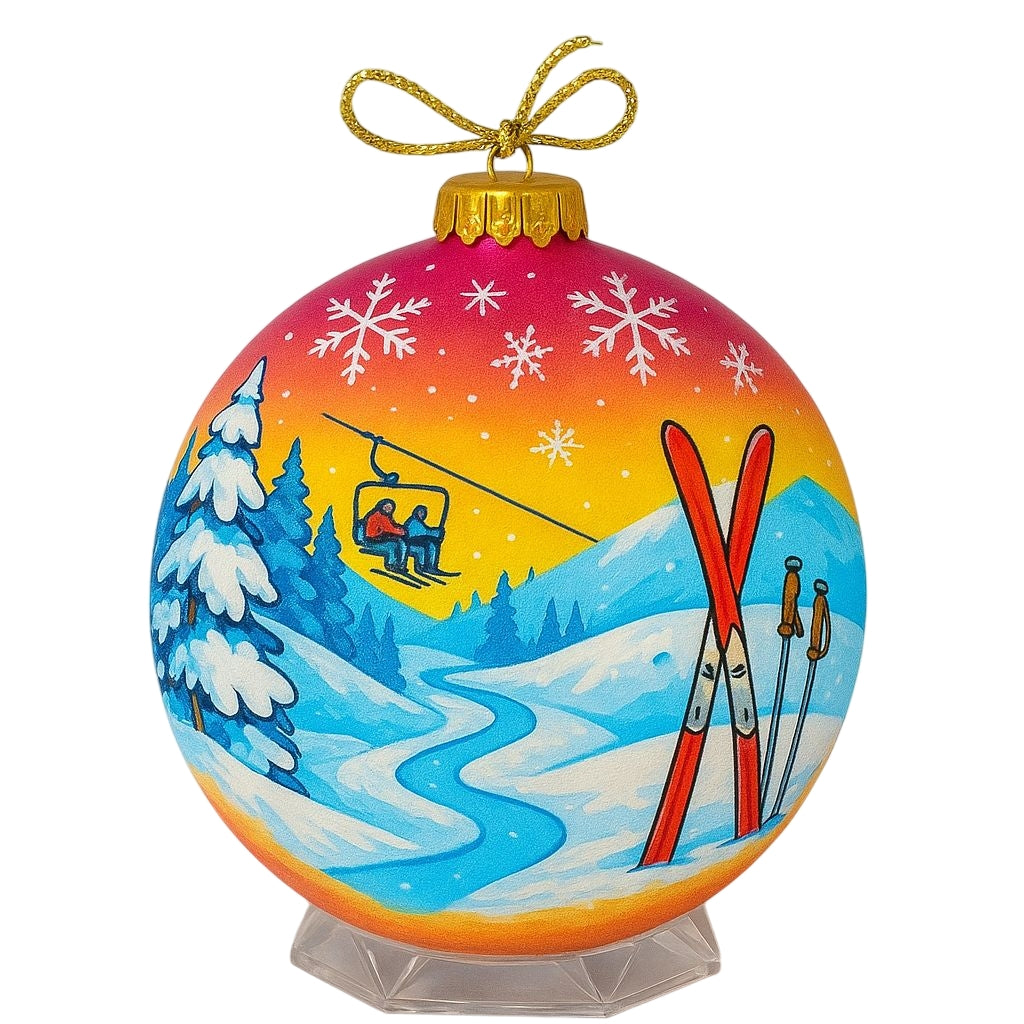 Hand Painted Glass Ornaments Sunset Skiing