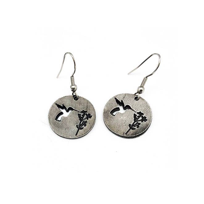Pewter Earrings Hummingbird And Flower
