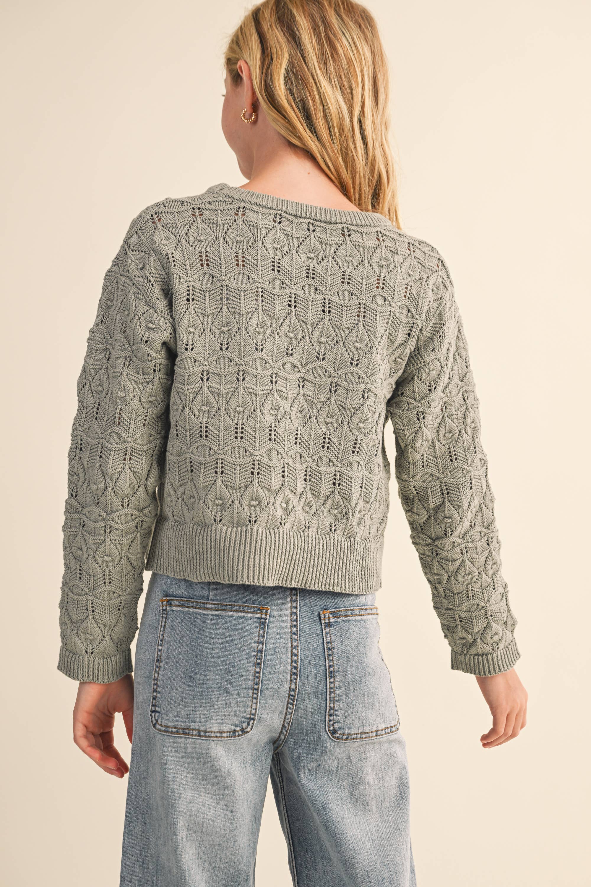 heart and arrow TWEEN GIRLS KIDS CREW NECK WAVY POINTELLE L/S SWEATER (7-14)