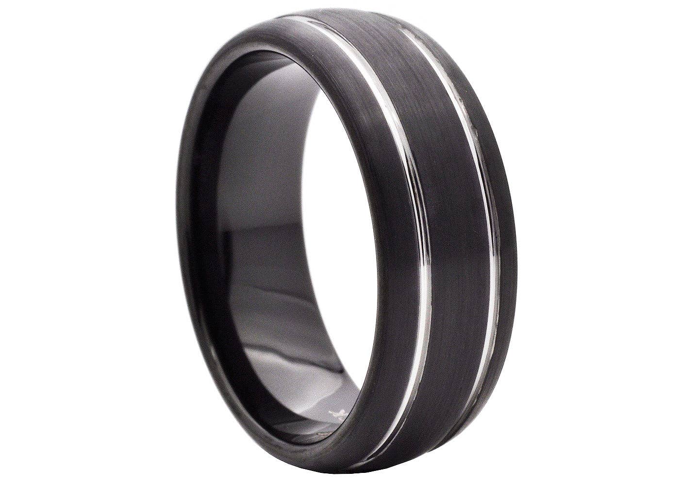 Black Double Etched Stripe Band Ring 8