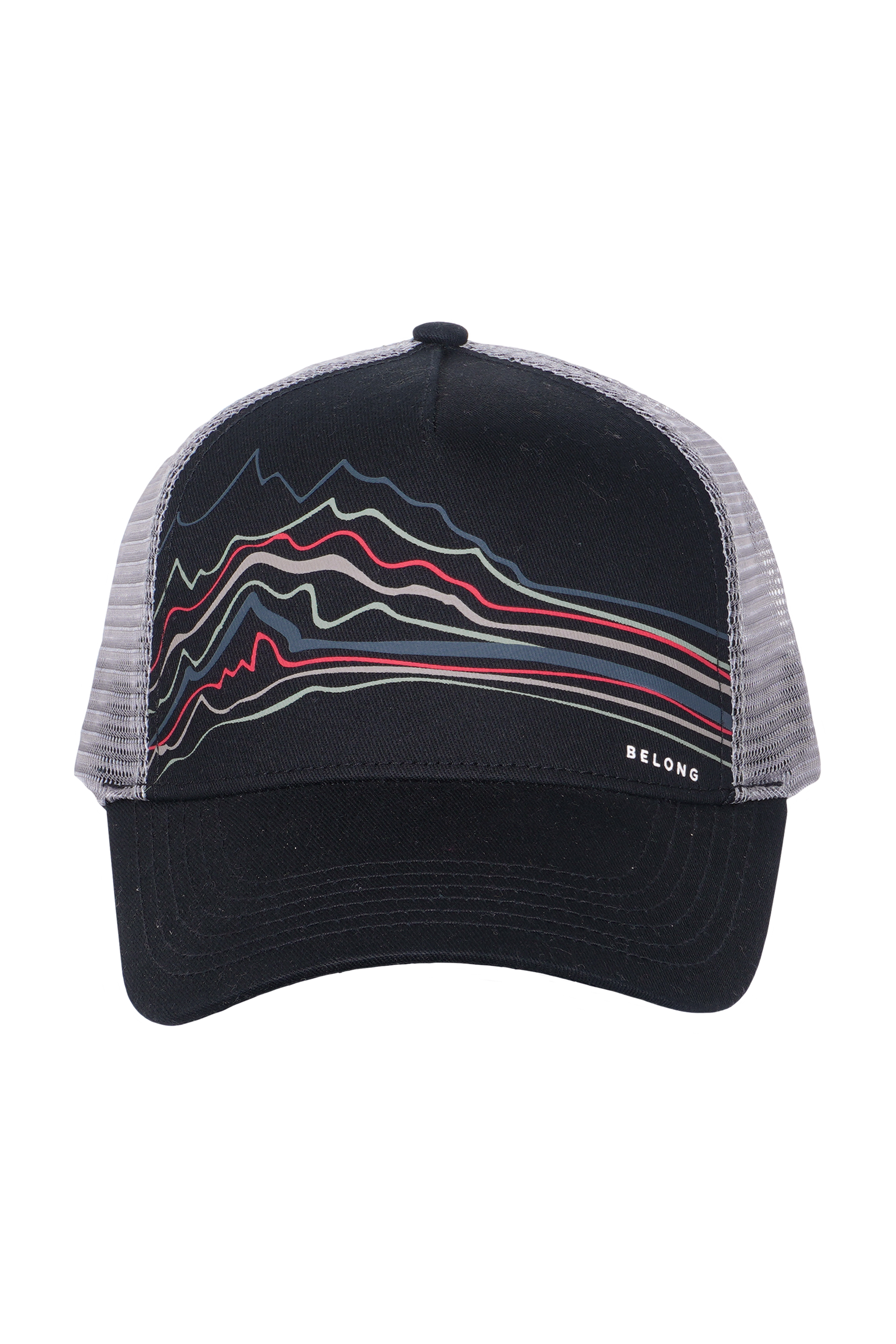 The Every Trail Trucker Hat by Belong Designs is a Black Mountain Brush trucker hat with a curved brim. The front panel showcases a vibrant wavy line design in shades of red, yellow, blue, and white with "BELONG" emblazoned prominently. The back and sides are made of breathable white mesh for added comfort.