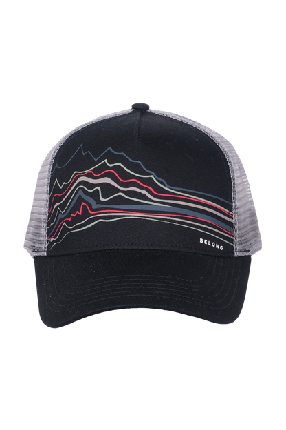 The Every Trail Trucker Hat by Belong Designs is a Black Mountain Brush trucker hat with a curved brim. The front panel showcases a vibrant wavy line design in shades of red, yellow, blue, and white with "BELONG" emblazoned prominently. The back and sides are made of breathable white mesh for added comfort.