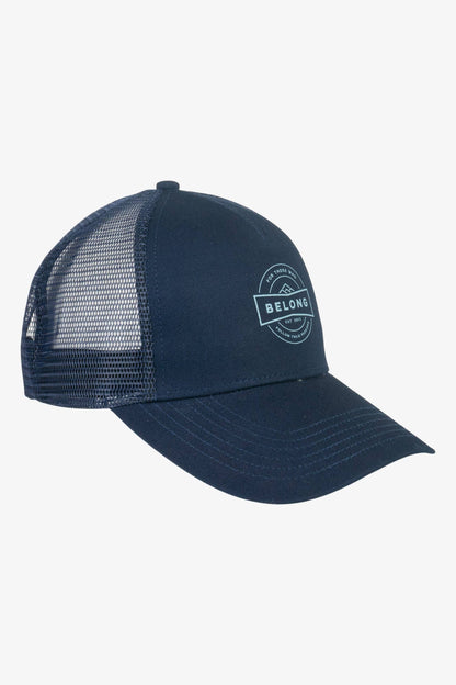 The Every Trail Trucker Hat by Belong Designs is a Black Mountain Brush trucker hat with a curved brim. The front panel showcases a vibrant wavy line design in shades of red, yellow, blue, and white with "BELONG" emblazoned prominently. The back and sides are made of breathable white mesh for added comfort.