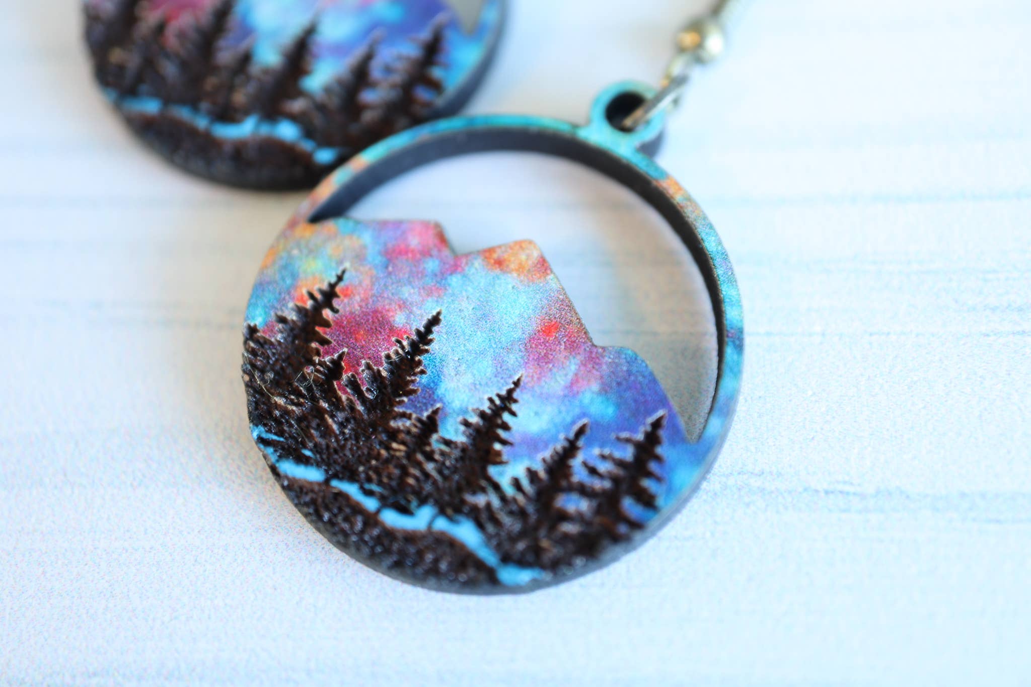 Wanderlust Sunset Mountain Wooden Stud Dangle Earrings