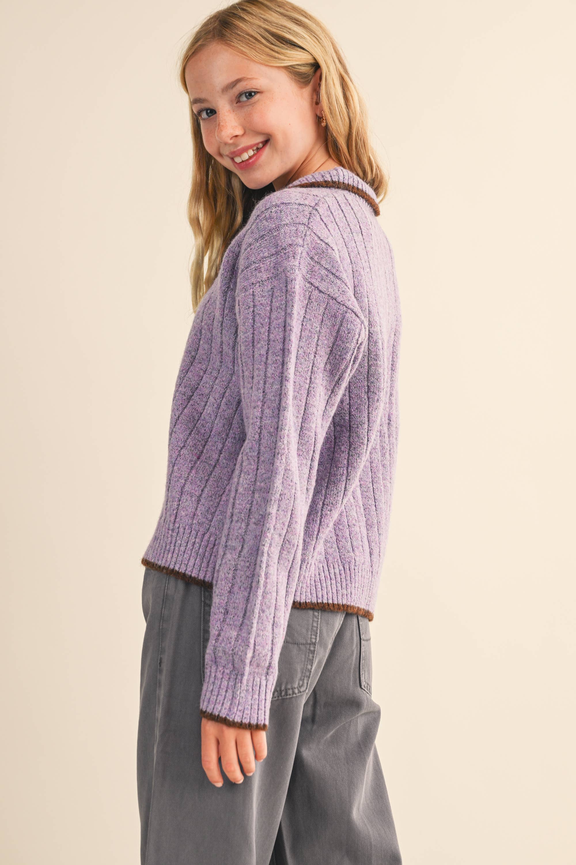 TWEEN KIDS GIRLS Polo Style COLLAR Piping SWEATER (7-14)