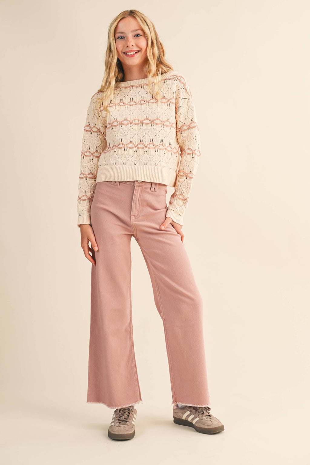 TWEEN GIRLS KIDS CREW NECK WAVY POINTELLE L/S SWEATER (7-14)