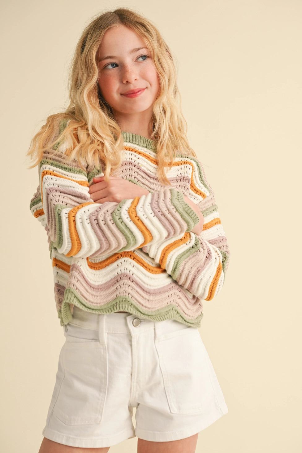 Tween Girls Kids Crew Neck Wavy Rib Knit Pull Over
