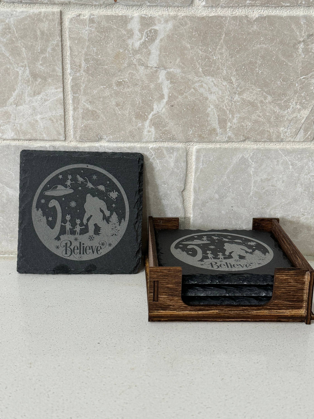 Set Of 4 Slate Coasters W/Wood Stand-Believe CryptidDesign