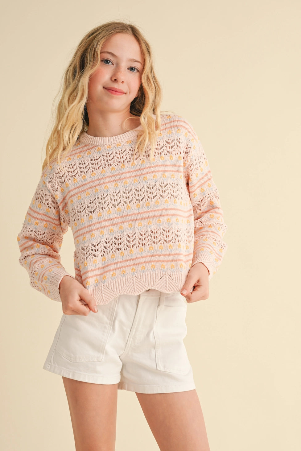 Tween Girls Kids Pull Over Top in Flower Pointelle