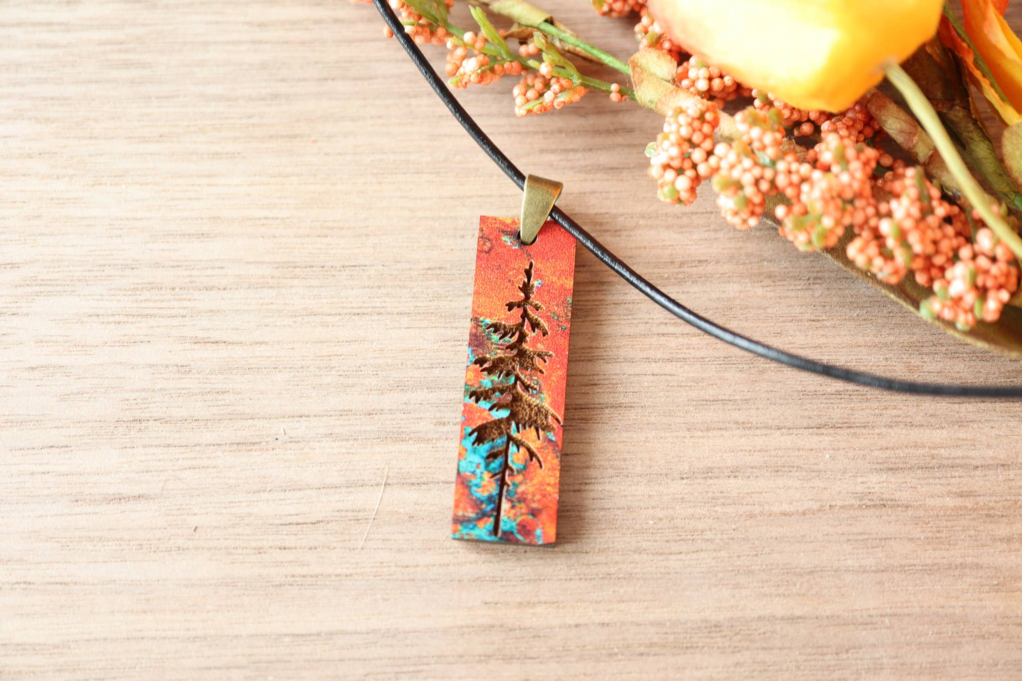 Patina Pine Wood Pendant Necklace Minimalist Gifts