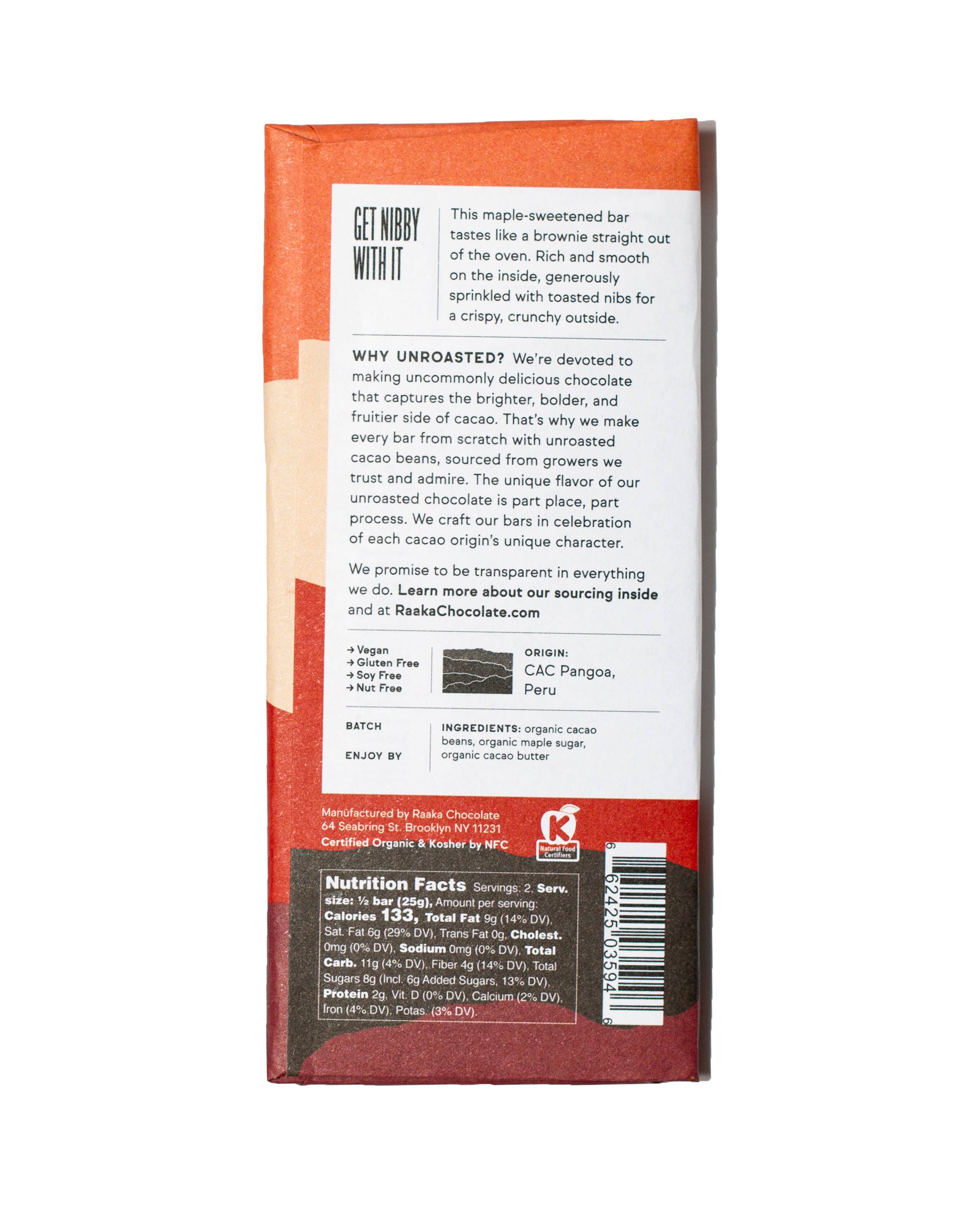 Raaka Chocolate 75% Maple & Nibs Chocolate Bar