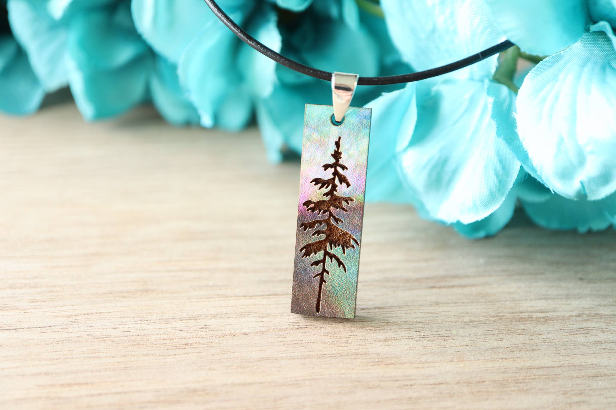 Aurora Pine Tree Engraved Pendant Necklace Wood