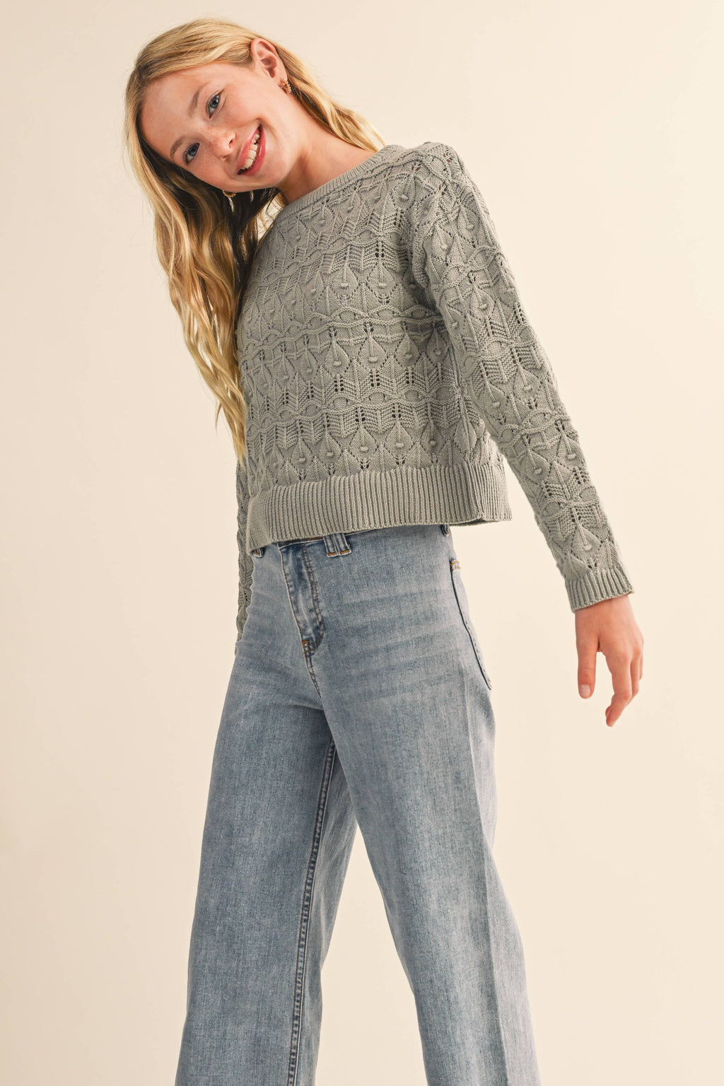 TWEEN GIRLS KIDS CREW NECK WAVY POINTELLE L/S SWEATER (7-14)