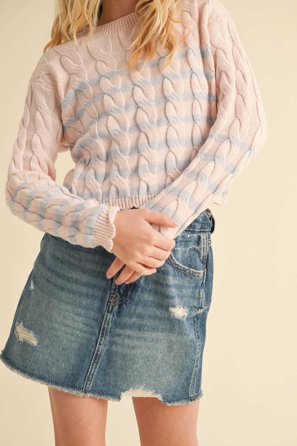 TWEEN GIRLS KIDS CABLE KNIT BOXY CROPPED PULLOVER (7/14)