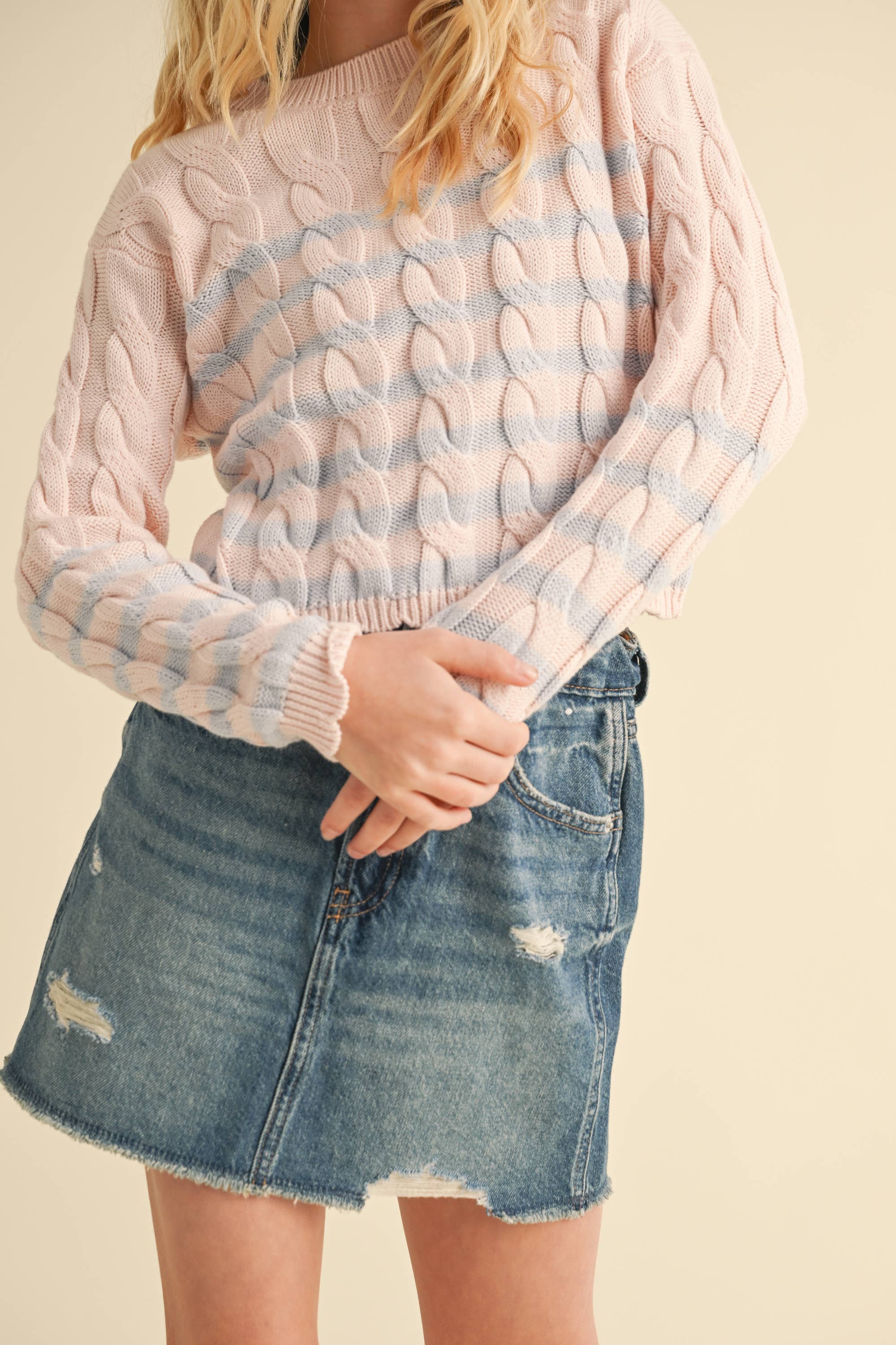 TWEEN GIRLS KIDS CABLE KNIT BOXY CROPPED PULLOVER (7/14)