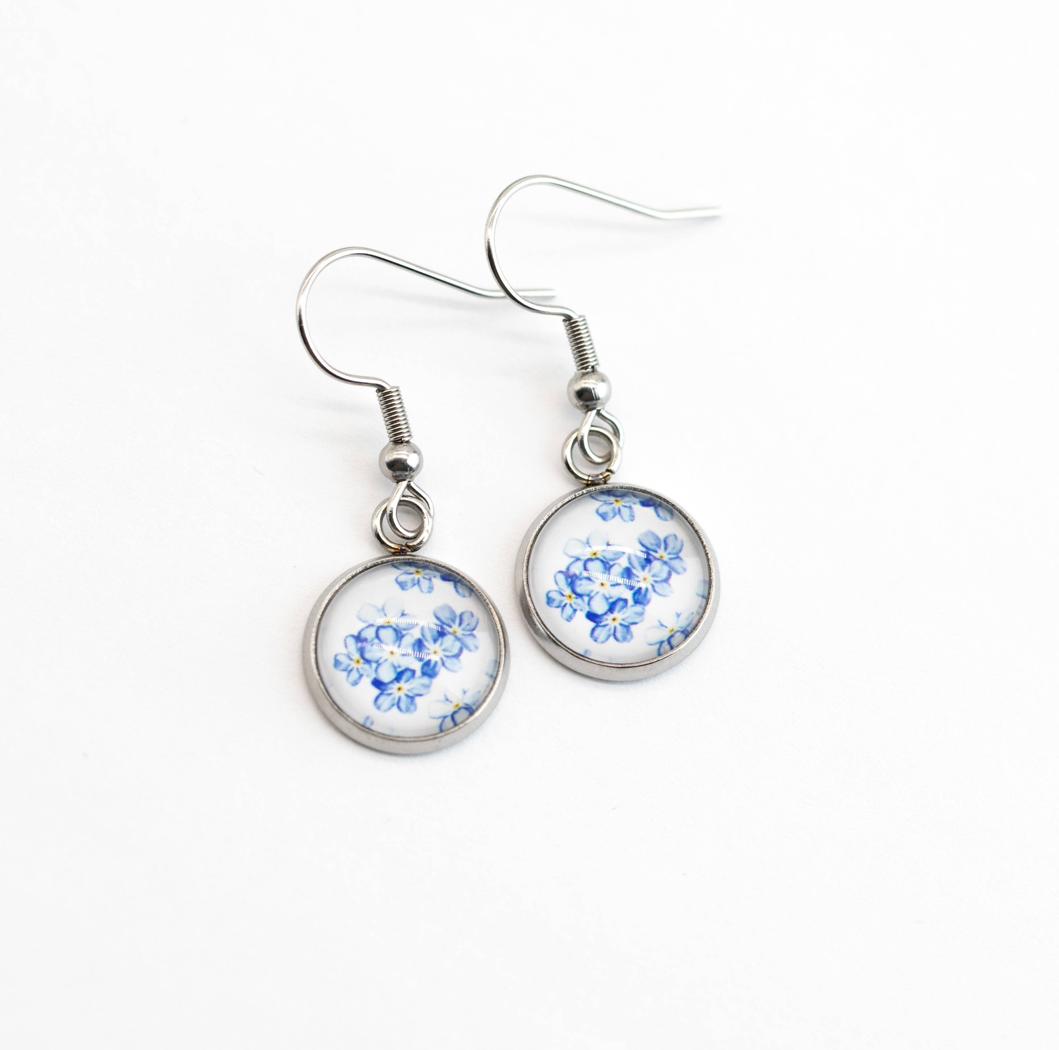 Stainless Steel and Glass Earrings Small Forget-Me-Not
