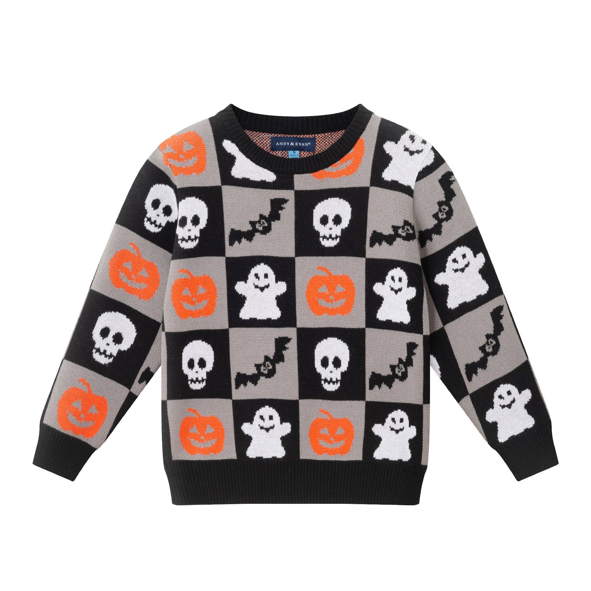 Kids Graphic Halloween Sweater | Spooky Sqaures Grey