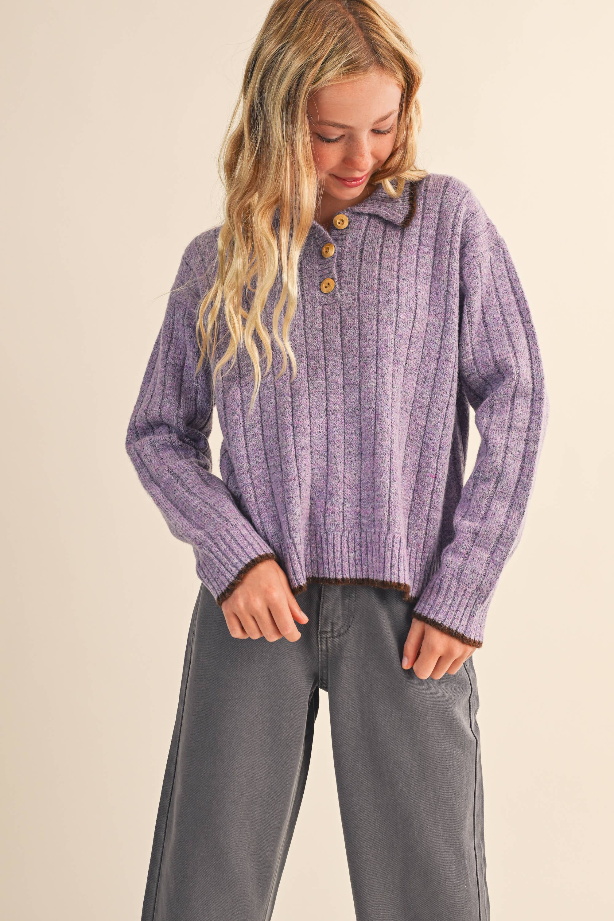 TWEEN KIDS GIRLS Polo Style COLLAR Piping SWEATER (7-14)