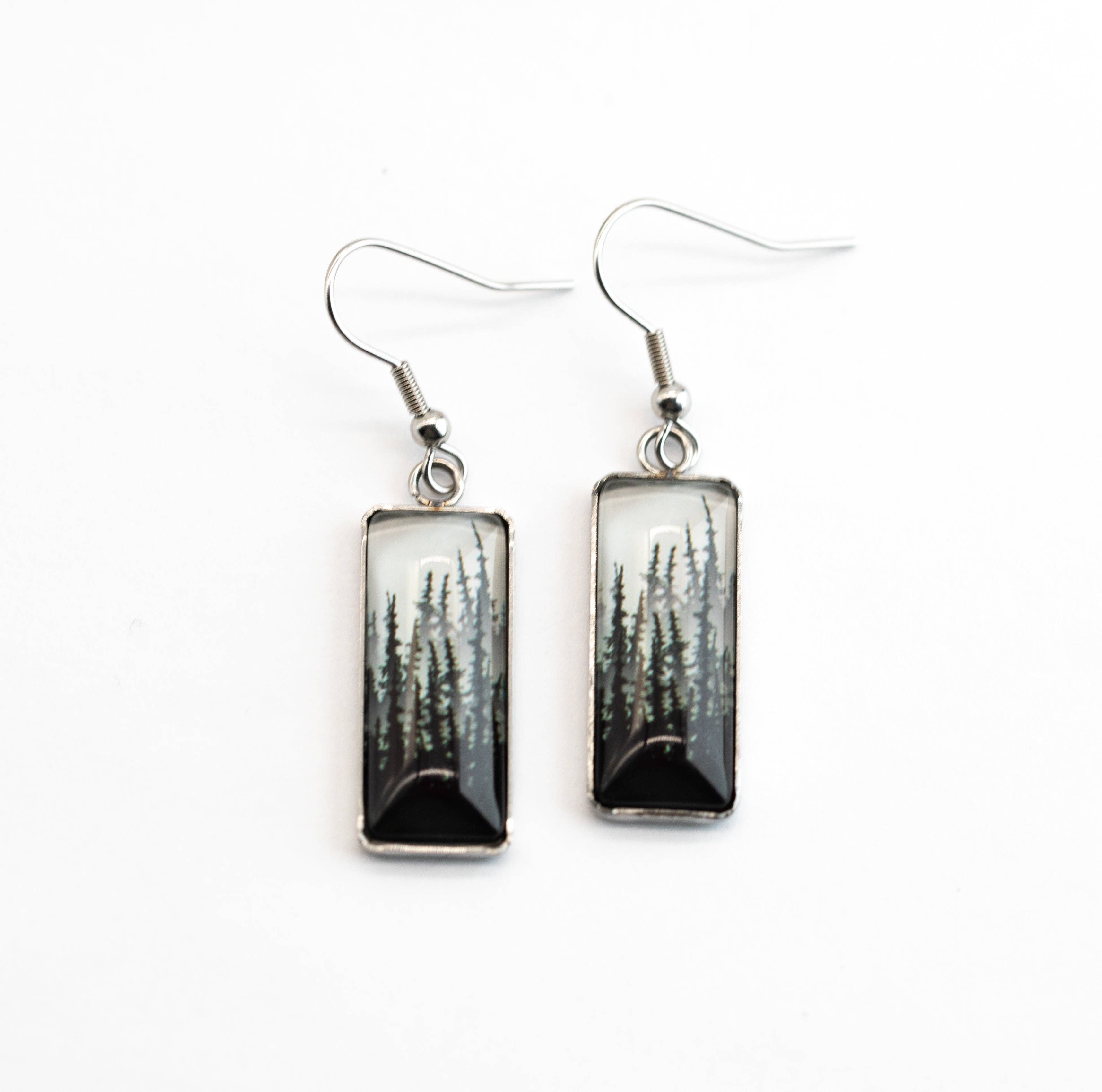 Stainless Steel and Glass Earrings Medium Black Spruce Forest Rectangle