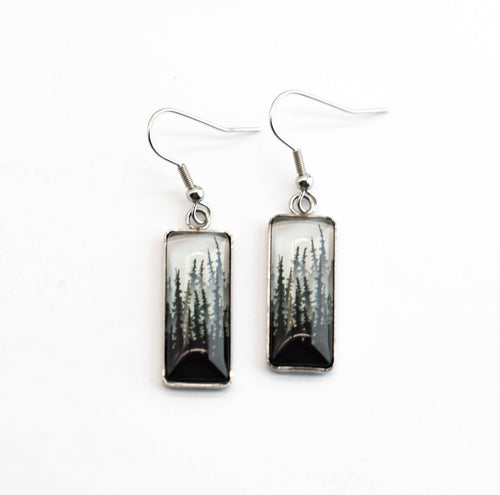 Stainless Steel and Glass Earrings Medium Black Spruce Forest Rectangle