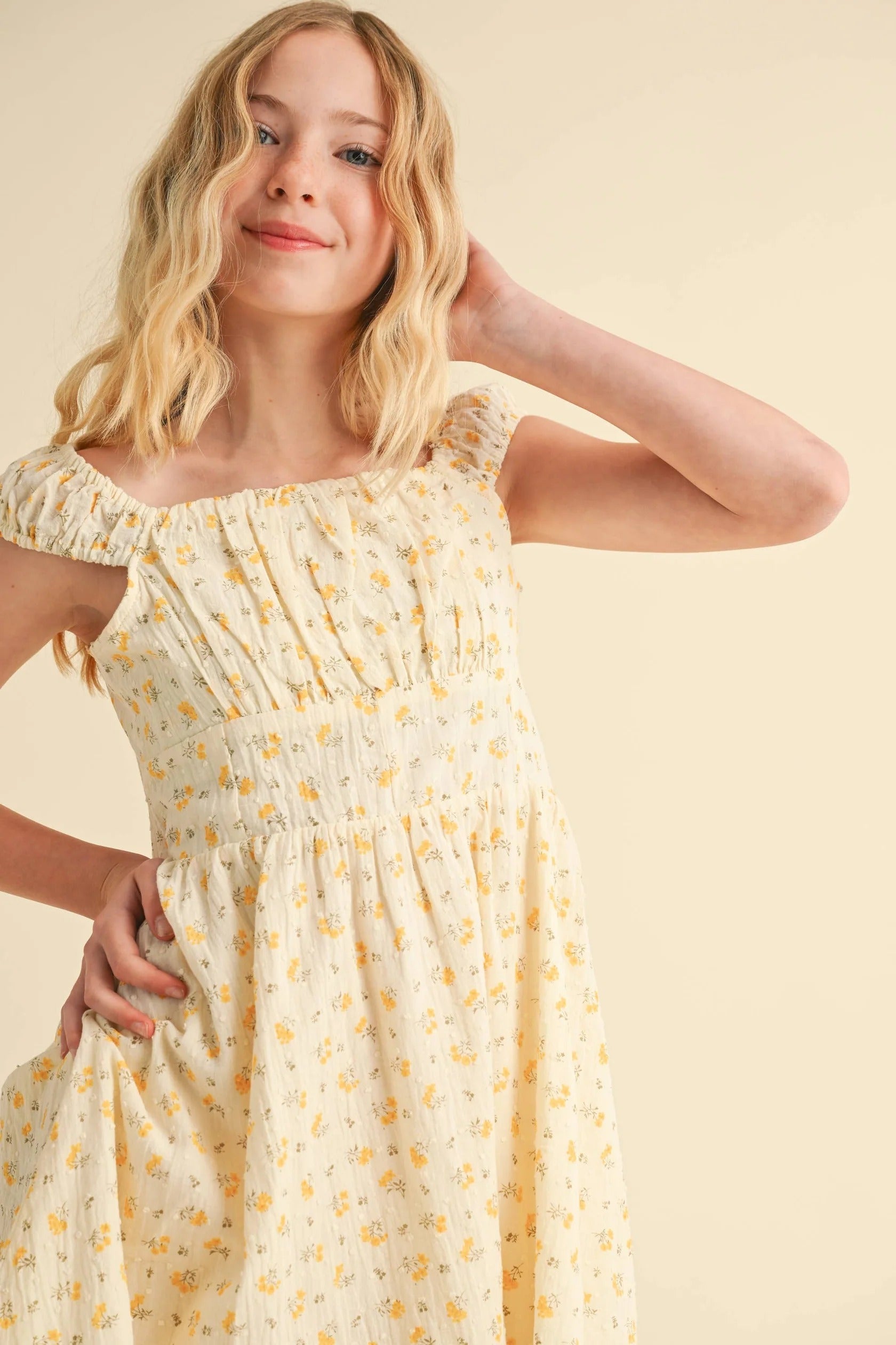 Corset Ruched Shoulder Dress Blonde Floral