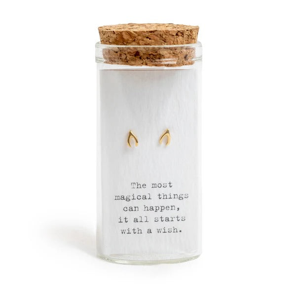 Message in a Bottle Earrings Gold Wishbones - "The most magical things can happen-it all starts with a wish."