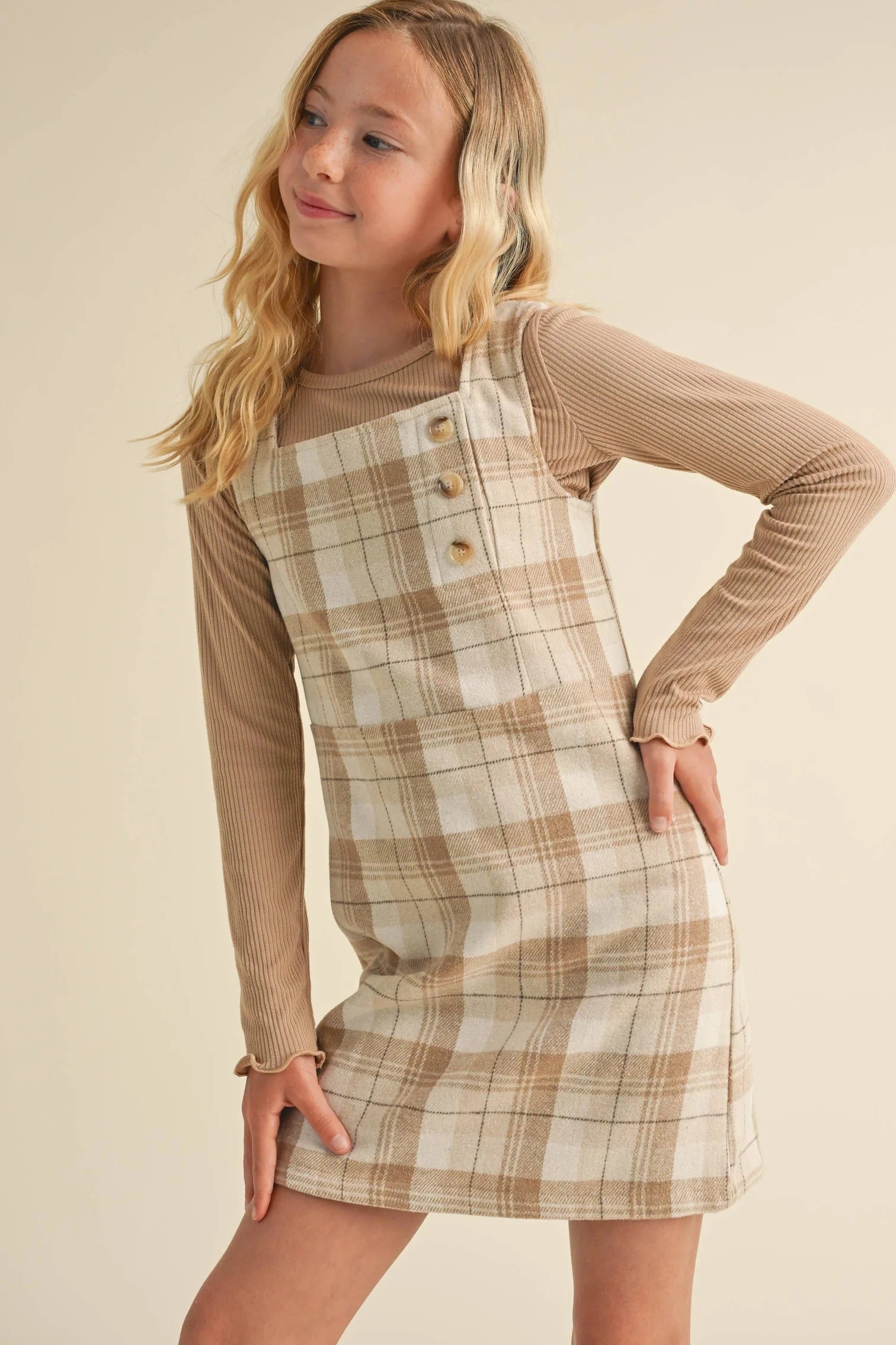 Kids Plaid Sheath Dress Beige Ivory Plaid